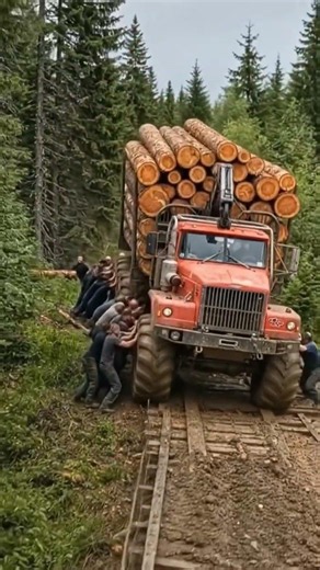 Massive Logging Truck Saved from Tipping on a Narrow Bridge #truck #offroad #shorts
