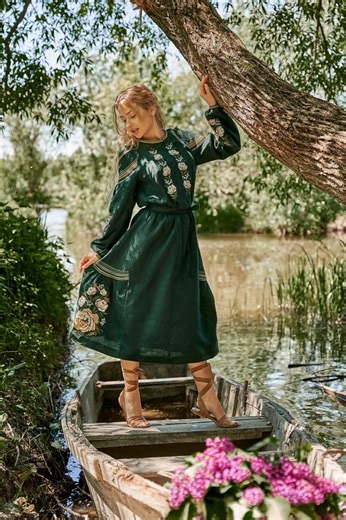Green Embroidered Linen Dress, Ukrainian Folk Outfit, Floral Bohemian Style, Ethnic Midi With Belt. - Etsy