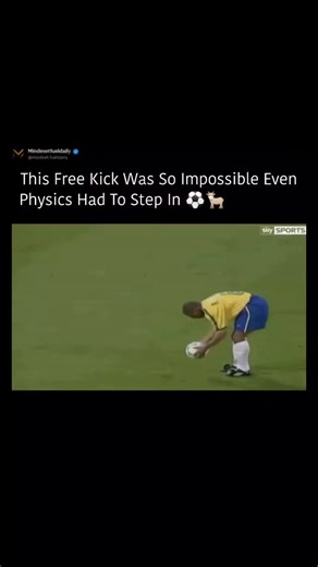 Mindsetfuel History on Instagram: "Roberto Carlos’ legendary free kick against France in 1997 remains one of football’s greatest physics moments. Taken from nearly 35 meters, just right of center, he struck the ball with the outside of his boot, catching the valve—the hardest point on the ball—to generate extreme spin. The shot exploded with violent sidespin, creating uneven air pressure as it traveled. One side of the ball cut through the air faster than the other, pushing it sharply to the rig
