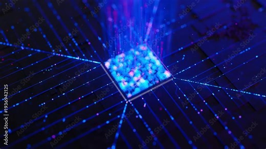 Artificial intelligence microchip, central data processing unit on circuit board. Quantum computing core with data flow into and logic operations. Futuristic technology neural network processor.