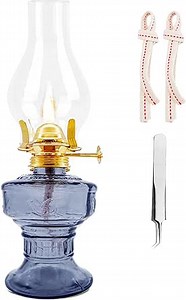Kerosene Oil Lamp,1 Vintage Kerosene Lamp,1 Tweezers and 2 Wicks,Glass Hurricane Lantern for Indoor Lighting Decoration Outdoor Camping Use (Blue)