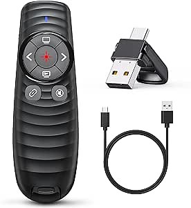 Presentation Clicker Wireless Presenter Remote Clicker for 2-in-1 USB Type C Powerpoint Clicker with Pointer, Rechargeable Presentation Pointer PPT Slide Advancer for Mac/Google Slide/Keynote