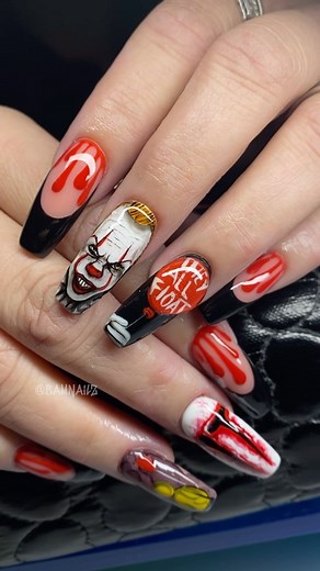 BamNailz ☆ Nail Artist on Instagram: "Si no hago a IT no estamos en Halloween… Recuerden que mañana y pasado mañana estaré en el booth #1114 🔥 En el San Juan Beauty Show vendiendo cosas cool con mi familia 🤍 • #nails #pennywise #pennywisenails #pennywiseart #fanart #itnails #halloweennails #longnails #nailsset #nailsbeauty #nailslovers #nailstoinspire #nailstyle #nails💅 #creepynails #darknails #nailsoftheday"