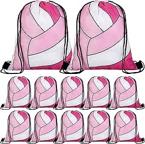 12 Pcs 12 In Volleyball Drawstring Backpack Bag Goodie Snack Gift Bags Sports Party Favors String Backpack Bulk(Pink, Light Pink, White)