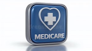 Medicare Sign, Symbol of Healthcare Benefit Program, Blue and Silver Button for Health Coverage