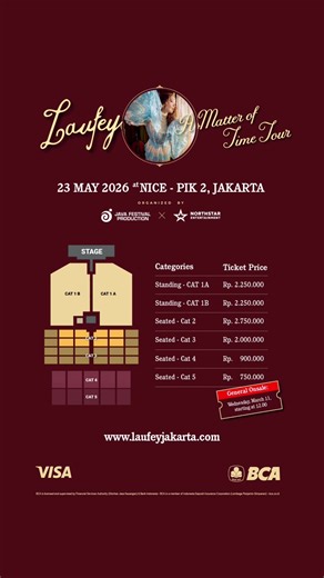 Ticket prices are here✨ Get ready to experience Laufey – A Matter of Time Tour live at NICE PIK 2, Tangerang on May 23rd 🎟 General Sale opens Wednesday, March 11th, at 12.00 PM! Secure your tickets exclusively at www.laufeyjakarta.com Organized by Java Festival Production x Northstar Entertainment It’s only a matter of time 💫 #LaufeyJakarta #AMatterOfTimeTour #Laufey @laufey