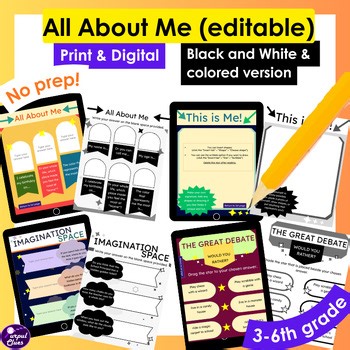 Editable, No Prep |All About Me Writing Journal-Bell Ringer| Print, Digital