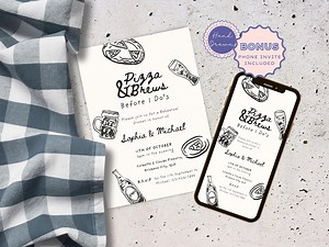 Wedding Rehearsal Dinner Invitation | Pizza & Brews Before I Do's Editable Template | Night Before Fun Hand-drawn Black White Scribble, CAS1 - Etsy