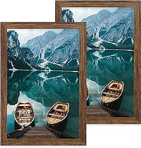 Hongkee 12x18 Frame Set of 2, Rustic Brown Wood Style, Display 12 x 18 Poster without Mat or 8.5x11 Picture with Mat, Wall Mounting Horizontal and Vertical