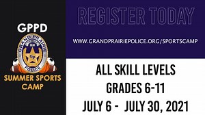 Get pumped and turn up for the first-ever *FREE* GPPD Summer Sports Camp! All skill levels accepted, grades 6-11. Text your friends and tell them to register with you! Please click this link to sign up: www.grandprairiepolice.org/sportscamp When: July 6 - July 30 Where: Men's Leadership Academy (Kennedy MS) 2205 SE 4th St., Grand Prairie, TX 75051 The camp, run by Grand Prairie Police Officers, will provide a healthy environment using physical activity to create bonds between students and office