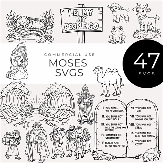 Moses Svgs, Exodus Bible Story Graphics, Ten Commandments and Red Sea Line Art, Sunday School Christian Vector Graphics, Old Testament Tale - Etsy