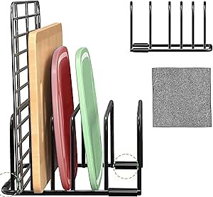 Cutting Board Organizer Rack - 5-Slot Metal Holder Stand for Cutting Boards, Baking Sheets, Cookie Pans, and Cooling Racks, Space-Saving and Tidy Kitchen Countertop and Cabinet Bakeware Organizer
