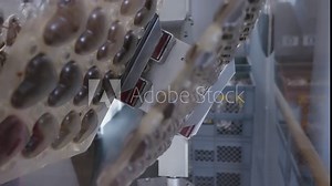 Production of delicious chocolate candies on factory automatic robotic line, slow motion
