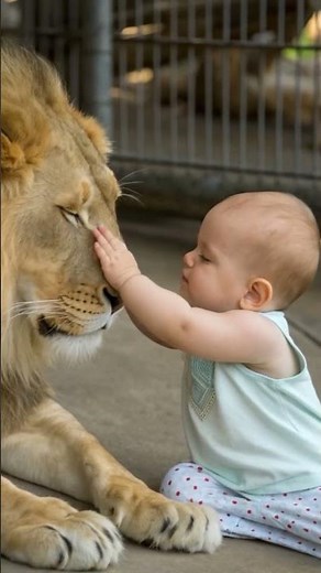 Baby petting a lion 🦁