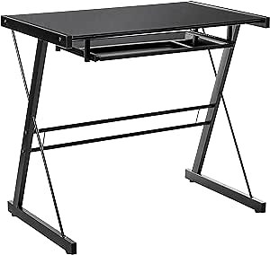 Walker Edison Modern Small Metal and Glass Computer Gaming with Under Desk Keyboard Tray Black Home Office Desk, 31 inch