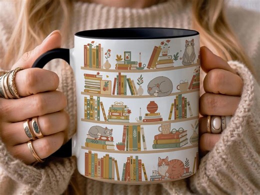 Bookshelf Cat Mug, Book Lover Mug With Cats, Cozy Reading Mug, Cat Bookworm Gift, Library Mug for Readers, Bookshelf Coffee Cup - Etsy
