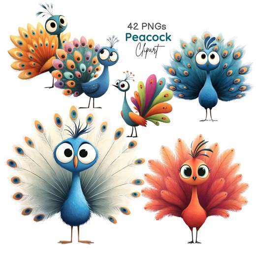 Whimsical Peacock Clipart PNG Bundle, Colorful Cartoon Bird Graphics (42 Pngs Digital Downloads) - Etsy