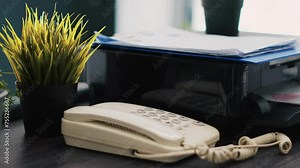 Company paperwork on top of printer, telephone and mini house plants on office desk close up. Business documents, printing machine and phone on table in accounting workplace