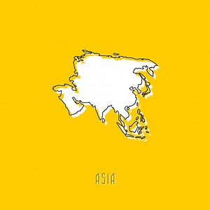White Asia continent map with black outline on yellow background....