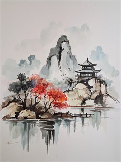 Paesaggio orientale con inchiostri Ink Landscape Tutorial Pillole di Tecniche Artistiche di Elisa Marianini corsi in sede e online Creo questo paesaggio usando inchiostri, pennarelli, pennarello ricaricabile e pennino. Parto da lavature leggere per lo sfondo, poi costruisco rocce, alberi e la pagoda con toni più scuri. alla fine aggiungo i dettagli e i riflessi nell'acqua per completare la scena. #inkdrawing #inkart #artprocess #inklanscape #sumiink