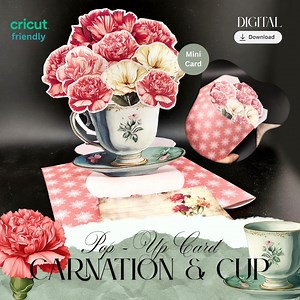 Mini Carnation & Teacup Pop-up Gift Card — Printable Stand-up Decoration in Pink Yellow (foldable, Digital Download) Motherly Love - Etsy