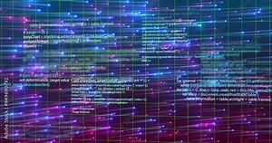 Programming code and data processing animation over colorful digital grid background
