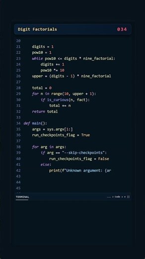 Project Euler #034: Digit Factorials | Python #coding #python #programming