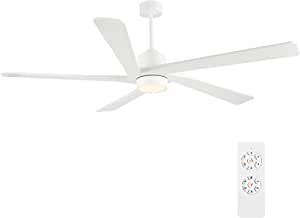 WINGBO 54" DC Ceiling Fan with Lights and Remote Control, 5 Carved Wood Blades, 6-Speed Reversible DC Motor, White Ceiling Fan for Bedroom Living Room Kitchen, ETL Listed