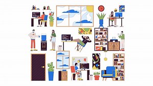 Corporate office workplace line 2D animation. Diverse business team working 4K motion graphic. Corporate workspace organization linear animated cartoon flat concept, white background