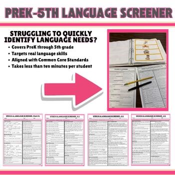 Speech & Language Screener PreK–5-WH Questions, Inferencing, Vocabulary, Retell