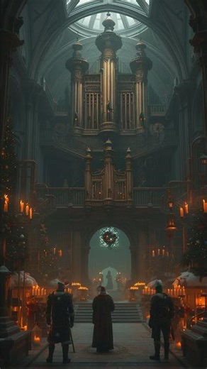 VAST PIPE ORGAN HALL WITH KNIGHTS CANDLELIGHT STEAMPUNK AND CHRISTMAS TREES