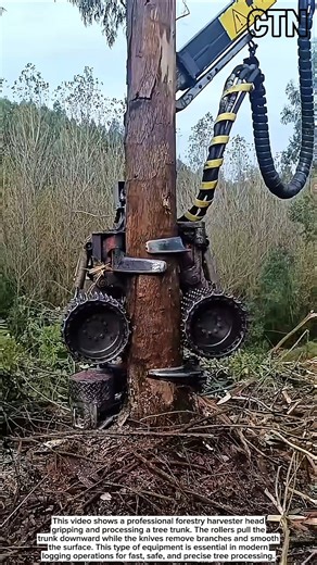 Powerful Forestry Harvester Head Processing a Tree Trunk — Educational Heavy Equipment Video