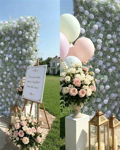 Elegant 5D White Rose & Baby’s Breath Flower Wall for Weddings