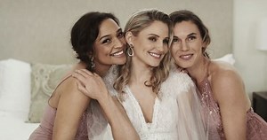 Bride, smile and embrace for wedding, bridesmaid and excited for marriage, bedroom and excited or ready. Women, friends and prepare for celebration, event and ceremony or bonding in hug or portrait