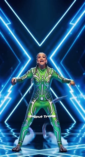 Confident Woman in Green Sci-Fi Bodysuit on Neon X Stage – Futuristic Talent Show Performance 2025