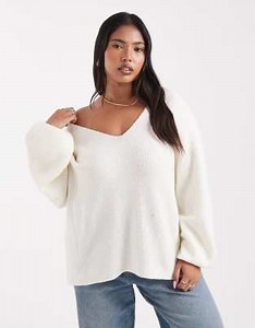 Threadbare Plus fluffy v-neck slouchy sweater in off white | ASOS