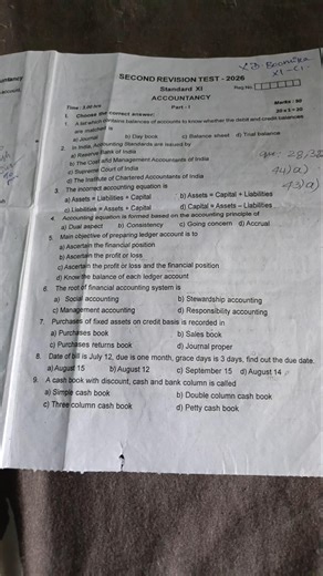 11th Standard Accountancy second revision test question paper in 2026