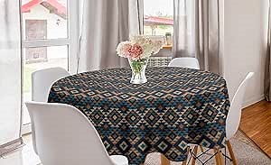 Ambesonne Ethnic Round Tablecloth, Knitted Jacquard Illustration Texture Image Geometric Style, Circle Table Cloth Cover for Dining Room Kitchen Decoration, 60", Brown and Dark Blue