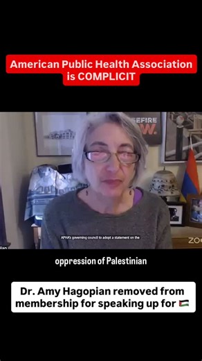 Doctors Against Genocide on Instagram: "The American Public Health Association @americanpublichealth removed Dr. Amy Hagopian’s membership and cancelled her registration for the APHA meeting for speaking up for Palestine. Dr. Hagopian was elected chair of the health section APHA and had been working for 15 years to have the association adopt a statement on the oppression of Palestinian people by the unlawful occupation."