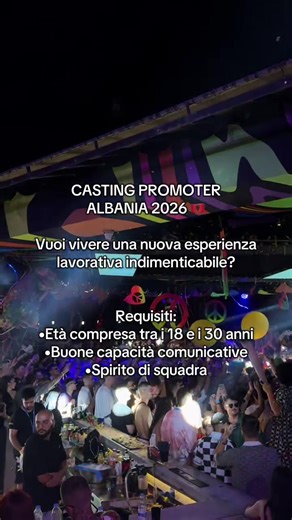 Sei pronto a trasformare la tua estate? 🌴 Stiamo selezionando ragazzi e ragazze dinamici per la stagione estiva 2026 a Saranda, Albania, la perla dei Balcani. Di cosa ti occuperai: Promuovere eventi, serate e party nei luoghi più esclusivi della città, interagendo con turisti da tutta Europa. ✅ I requisiti: • Voglia di mettersi in gioco e conoscere gente nuova. • Buona conoscenza dell'italiano (l'inglese è un plus!). • Entusiasmo ed energia da vendere. 🎁 Il pacchetto: Offriamo un ambiente di l