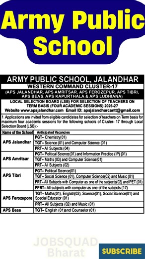 📢 Army Public School (APS), Jalandhar has released PGT, TGT & PRT Teaching Posts – 2026.
