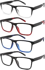 acavefox 4 Pack Reading Glasses Men 2.0+ Readers Computer Blue Light Blocking Fashion Eyeglasses with Spring Hinge