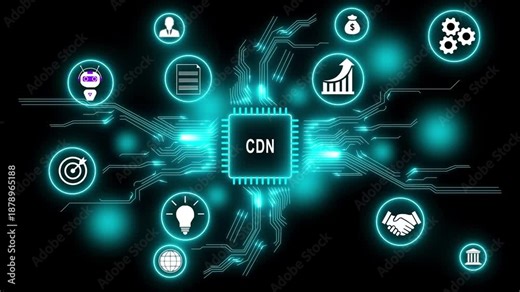 CDN Microchip Network Distribution Technology Concept with Neon Blue Circuits