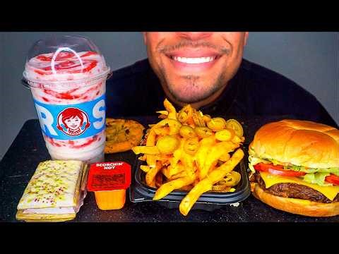 ASMR EATING WENDY'S POP TART FROSTY ICE CREAM CHEESEBURGER CHEESE FRIES JERRY NO TALKING MUKBANG