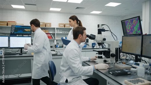 Researchers collaborate over microscope analysis of rock specimens using modern tools to assess mineral content in a controlled sterile lab setting.