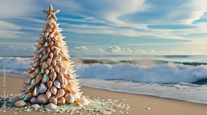 Christmas tree from sea shells and starfish on sea background. AI Stock Video