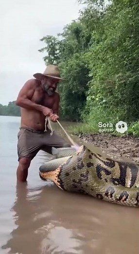 Anaconda swallows fish and fisherman tries to remove it.
