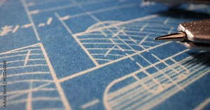 Blue paper sheet with maths formulas for solving mathematical problems. Concept of creating material with drawn sketch on blueprint macro Stock Video