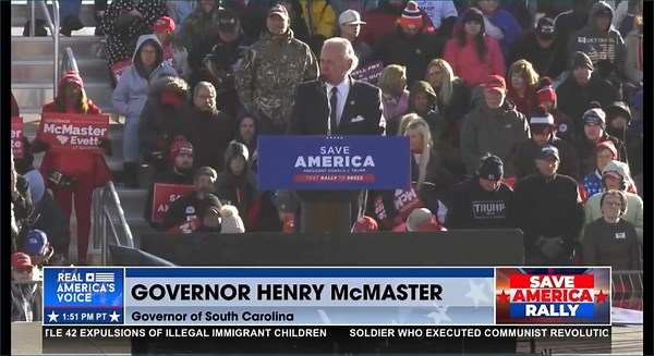 SC Gov Henry McMaster: A great country with weak leadership becomes a weak country, and when the world sees America as a weak country, "all hell breaks loose." Watch his full speech on #RAV's EXCLUSIVE coverage of Trump's #SaveAmerica Rally in Florence, SC: https://rumble.com/vx7p49-live-coverage-president-trumps-save-america-rally-florence-sc.html | America's Voice News