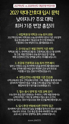 2027 약대·간호대 입시 문턱 낮아지나? 주요 대학 최저 기준 변경 총정리